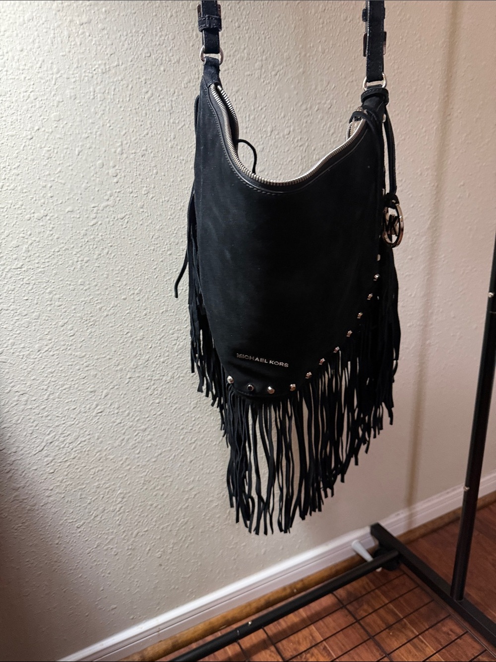 Michael Kors Black Suede Fringe Shoulder Bag with Stud Accents - Picture 9 of 9
